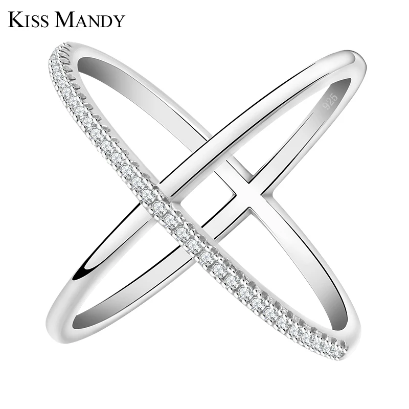 KISS MANDY New Design X Shape Cross Rings Fill Paved for Women White Rose Gold Plated CZ Diamond Statement Infinite Ring LR66