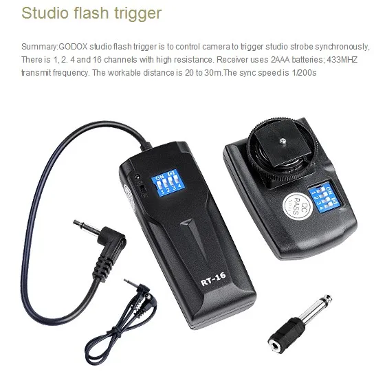

Godox RT-16 16-Channel Wireless Studio Strobe Flash Trigger Remote for Canon Nikon DSLR camera