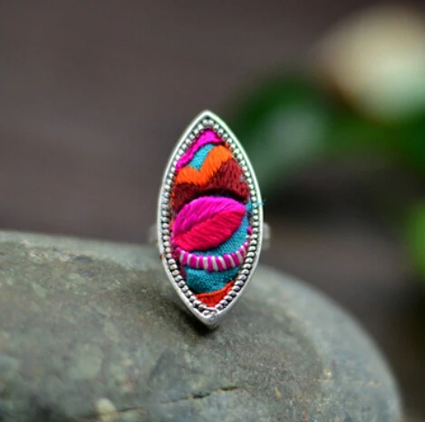 5PC  National style Embroidery rings Miao silver plated ethnic cotton jewelry creative personality fashion colorful ring