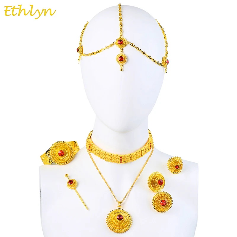 

Ethlyn Luxury Ethiopian Eritrean Traditional Jewelry Choker Sets Gold Color Stone Wedding Jewelry Sets Women S097