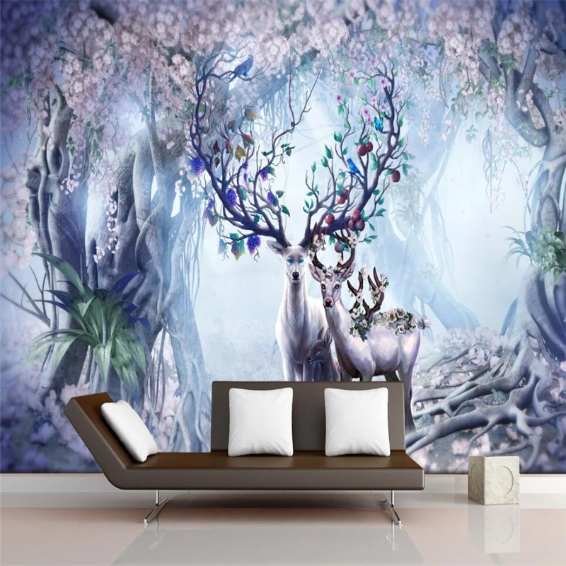 

wellyu papel de parede Nordic retro Elk TV sofa background wall painting custom large mural green silk cloth wallpaper