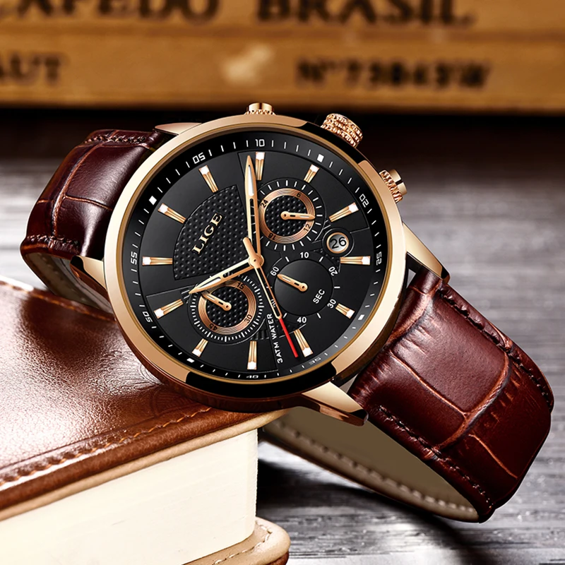 LIGE Mens Watches Top Brand Luxury Leather Casual Quartz Watch Men Military Sport Waterproof Clock Gold Watch Relogio Masculino