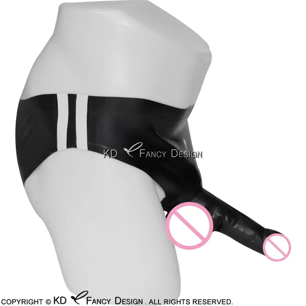 Black And White Stripes Latex Briefs With Glued Penis Sheath Rubber Underwear Shorts Pants Bottoms DK-0119