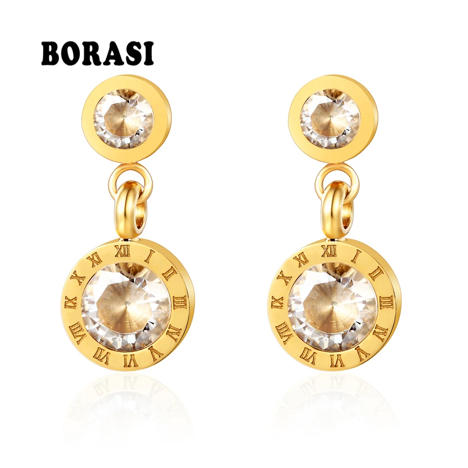 BORASI Simple Temperament Double Round Gold Color Stainless Steel Dangle Earrings Roman Numerals CZ Drop Earrings For Female