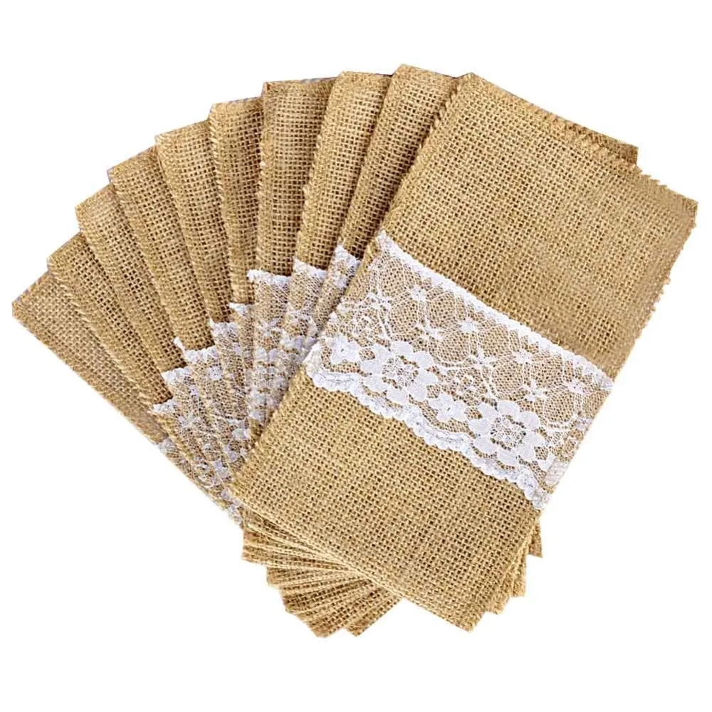 OurWarm 10Pcs Burlap Lace Cutlery Pouch Rustic Wedding Tableware Knife Fork Holder Bag Hessian Jute Table Decoration Accessories