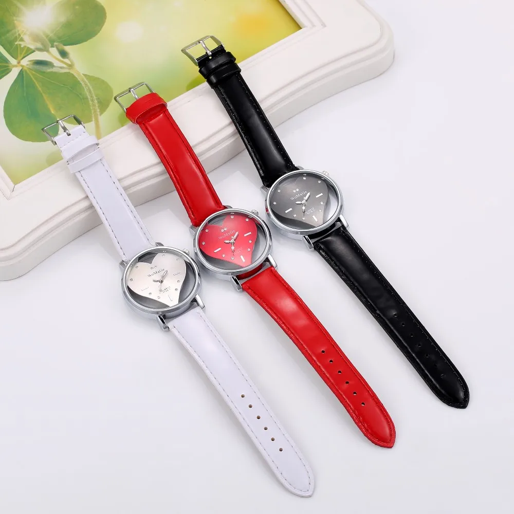 WoMaGe Fashion Crystal Wrist watches Heart Shaped Watch Women Watches Leather Women's Watches Clock bayan kol saati reloj mujer