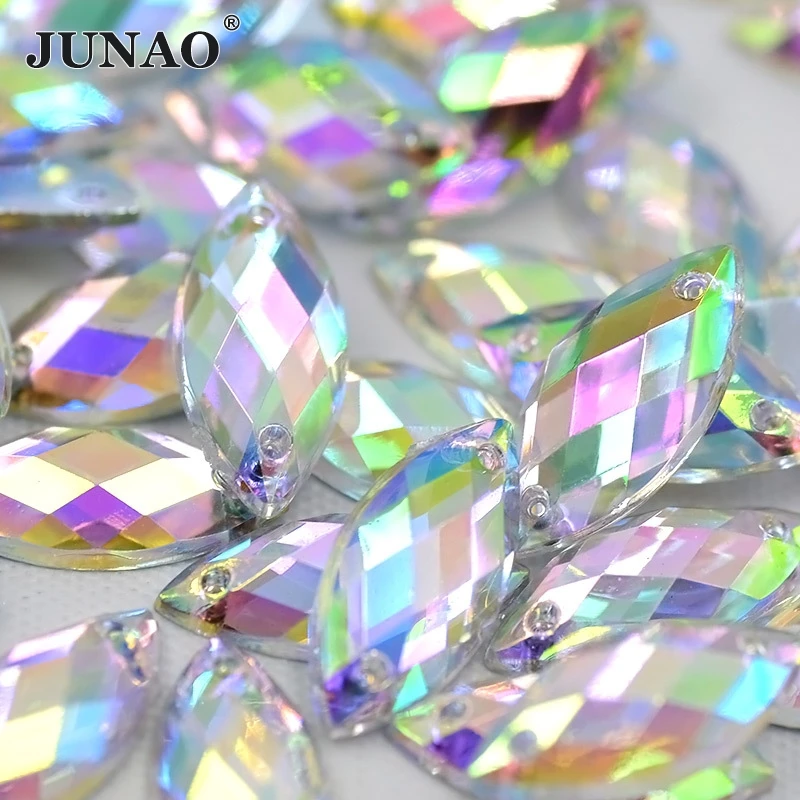 JUNAO 2000pc Bulk 7*15mm Crystal AB Sewi Rhinestone Applique Flatback Horse Eye Strass Sew On Acrylic Stone For Clothes