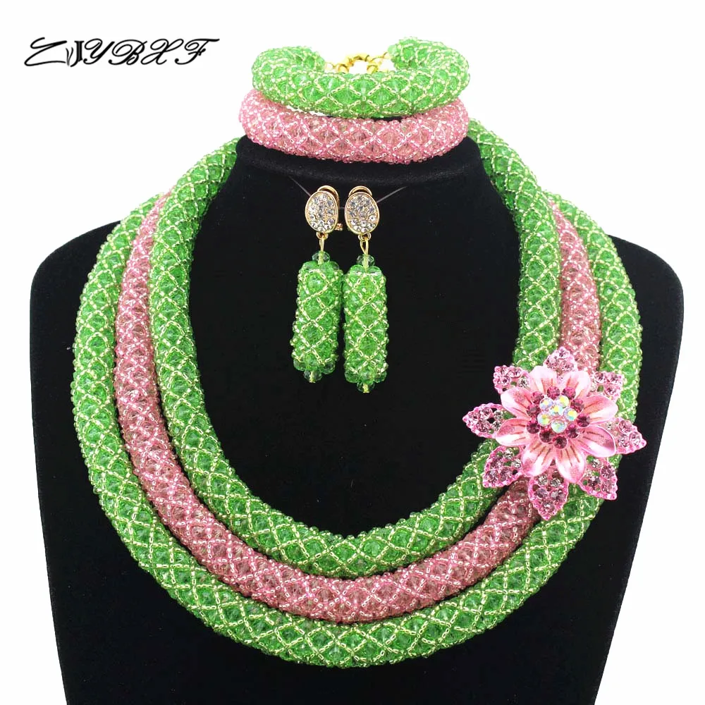 

2019 Apple Green/Pink African Beads Jewelry Sets Nigerian Wedding Jewelry Sets Full Beads Indian Bridal Jewelry Sets HD7589