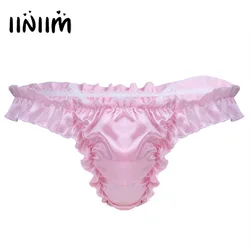 Mens Lingerie Sissy Underwear Comfortable Shiny Ruffled  Thongs Panties Frilly Sissy Bikini Elastic Waistband Briefs Underpants