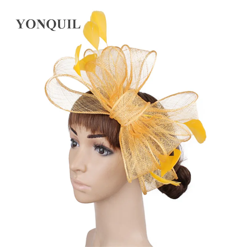 Champagner Sinamay Fascinator Hüte mit Haarspange Cocktailhut Braut Haarschmuck Elegante Damen Kirchenkopfschmuck – Detail 7