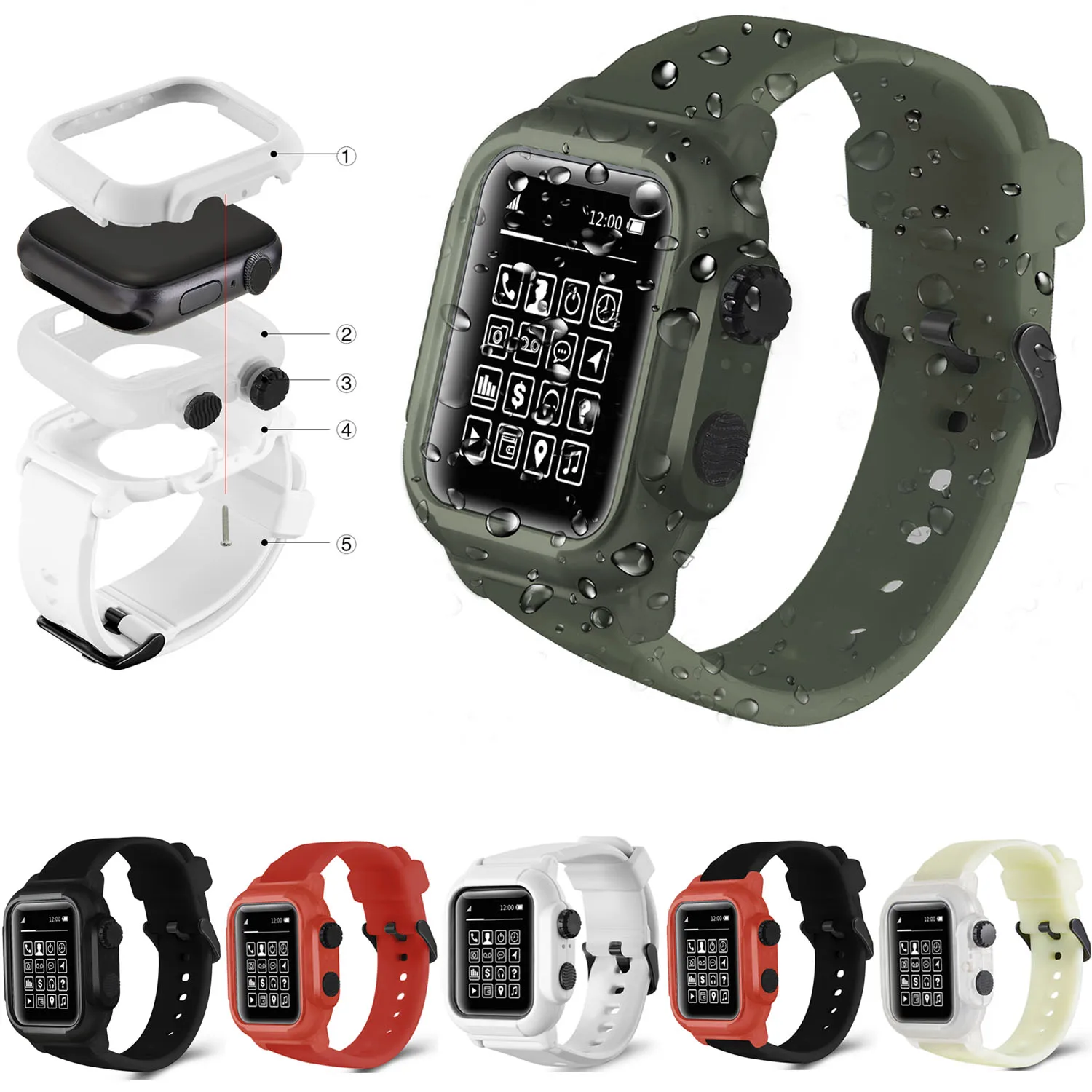 Waterproof Shock Proof Impact Resistant Case for Apple Watch Series 6 SE 5 4 3 2 Silicone Band for iWatch Band 42mm 44mm Strap