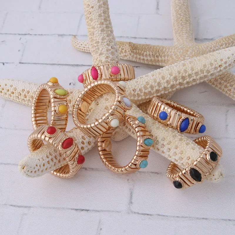 NeeFuWoFu gold color ring elastic force Copper Natural stone rings Bohemia de Madera Pulseira Estrela de Cinco Elastic jewelry