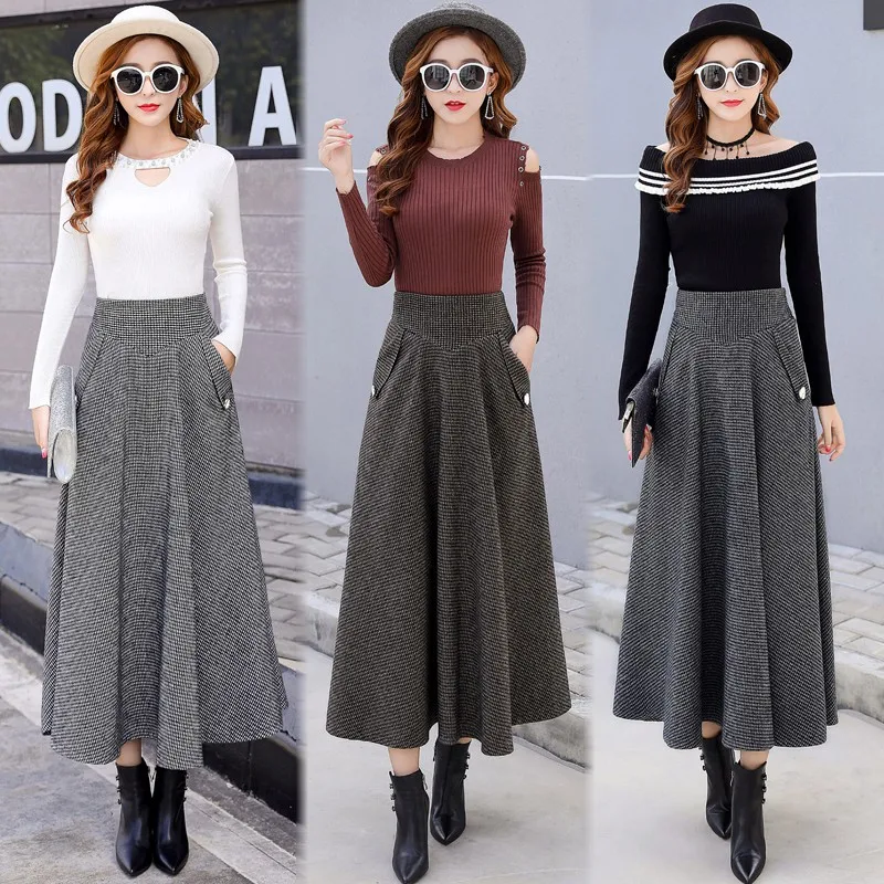 High Waist Retro Plaid Woolen Women Skirts Winter 2024 Fashion Warm Winter Office Wool Pleated Maxi Skirt Femme Saia Longa