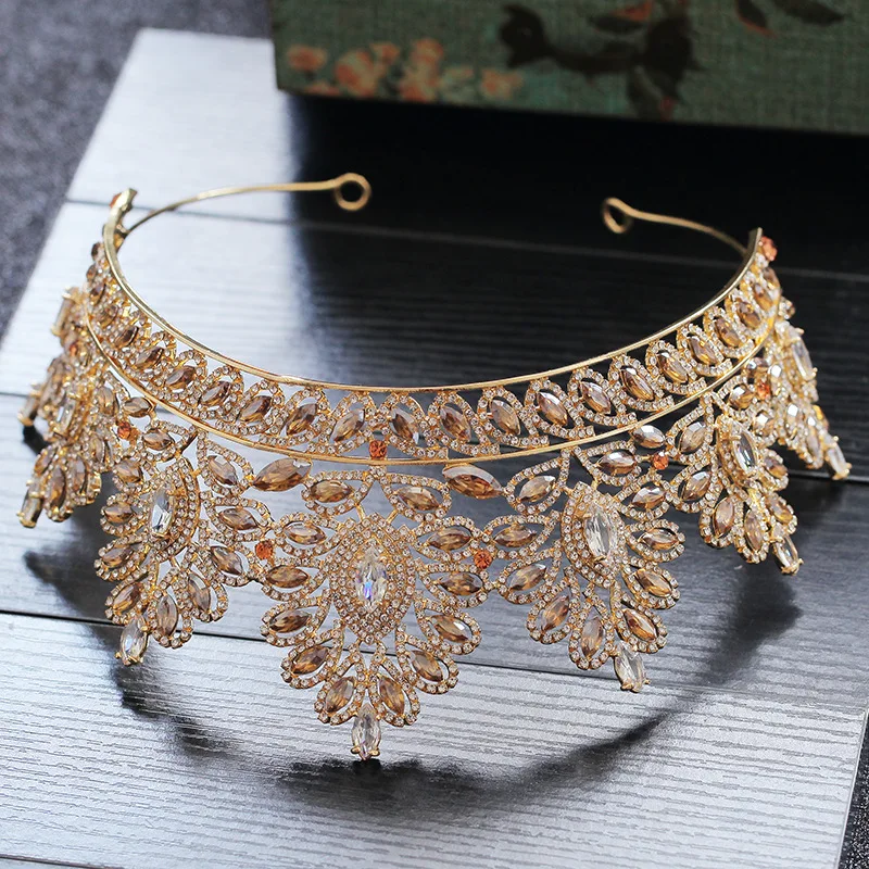 Baroque Vintage Gold Color Champagne Rhinestone Bridal Tiaras Crown Wedding Hair Accessories Crystal Pageant Tiaras Queen Diadem