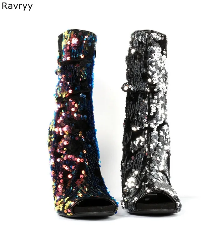 2019 Fashion Woman Ankle Boots Bling Bling paillette colorful Female Short Boot Peep Toe Thin Heel Hot Fashion Autumn Winter