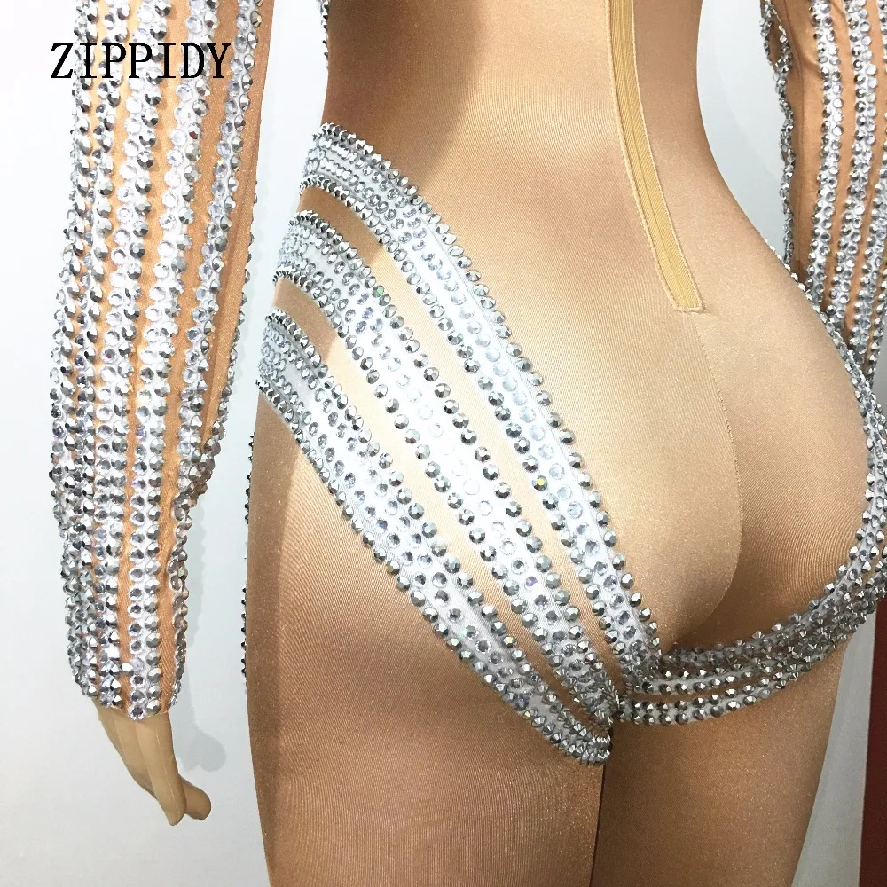 Glisten Rhinestones Sparkly Silver Crystals Jumpsuit Costume Performance Outfit Party Celebrate Bodysuit Female Singer Rompers