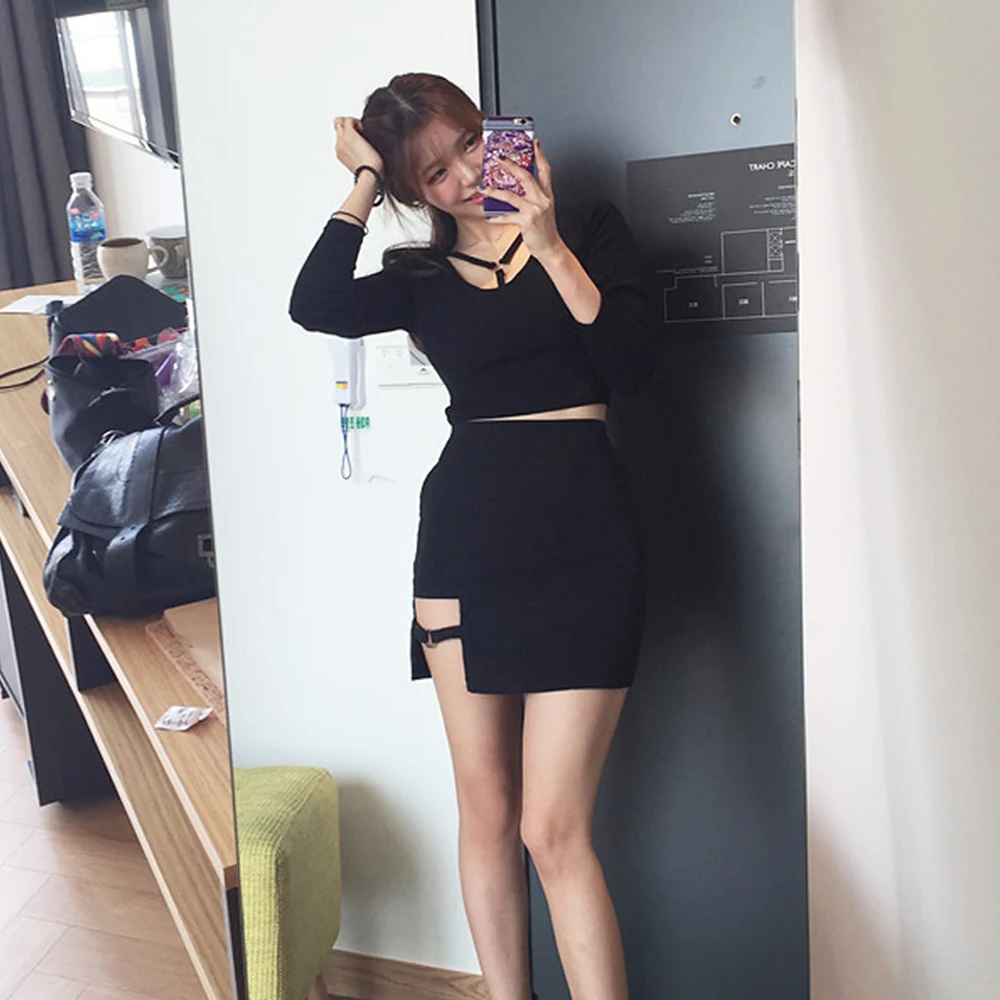 KLV Women Summer Harajuku Sexy Irregular High Waist Bandage Skirt Female Black Gothic Mini Bodycon Short Skirt Slim Clubwear