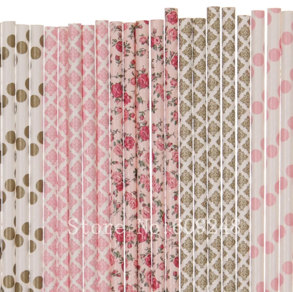 125 Pcs Drinking Paper Straws Mix,Light Pink Gold Polka Dot,Damask,Flower,Floral,Tea Birthday Party Baby Bridal Shower Wedding