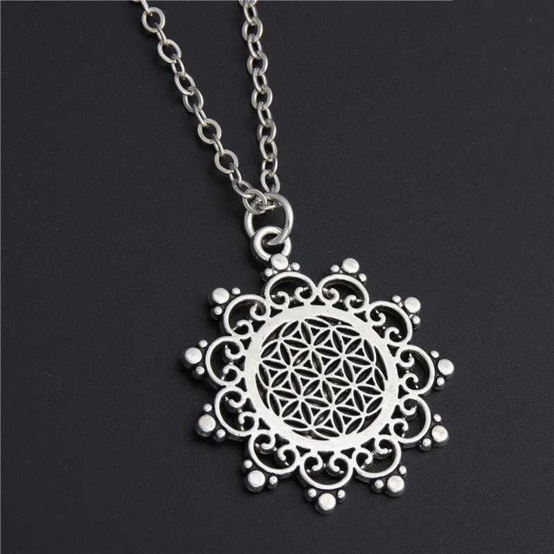 1PC Flower of Life Buddhist Necklace Long Chain Seed of Life Sacred Geometry Jewelry Fleur De Vie Yoga Namaste Necklace