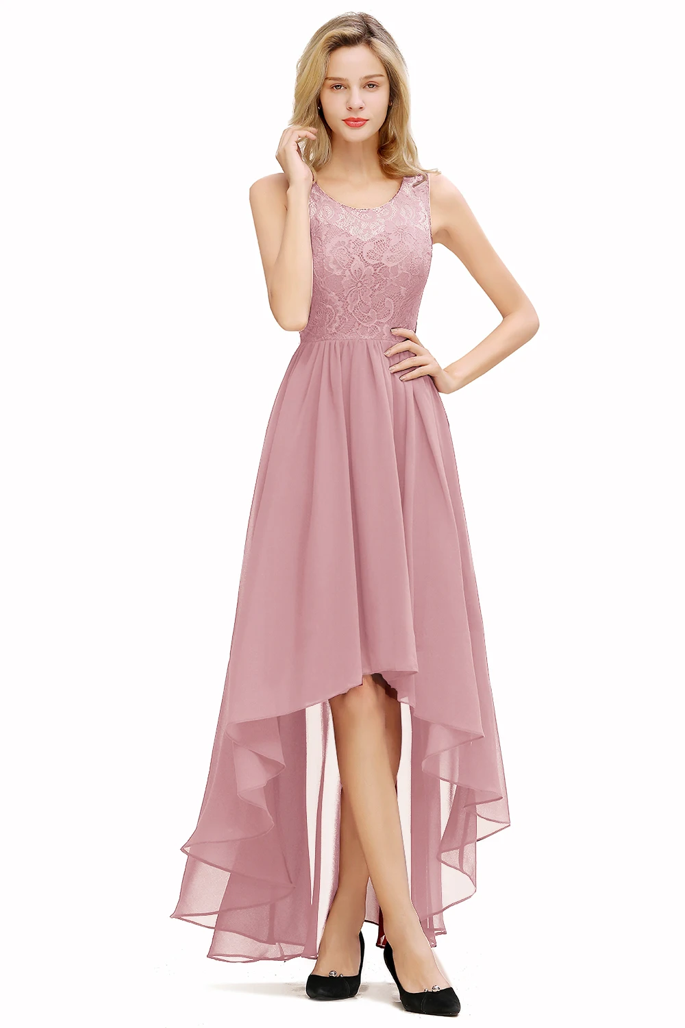 Rosa chiffon longo vestidos de dama de honra alta baixa casamento vestido de festa convidado sem mangas laço flor madrinha