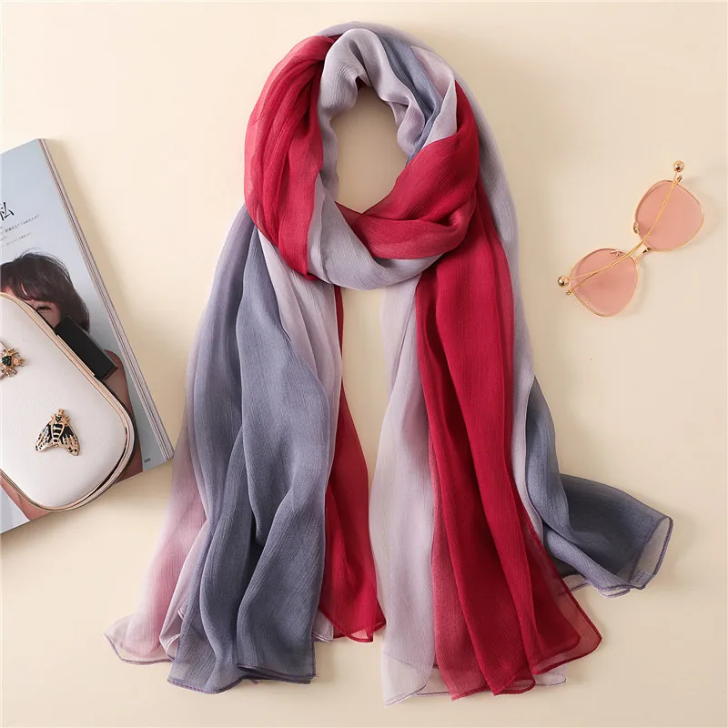 

New Fashion Big Size Long Shawl Gradient Color Silk Wrinkle Scarf Women Summer Beach Wrap Beautiful Elegant Luxury Bandana M288