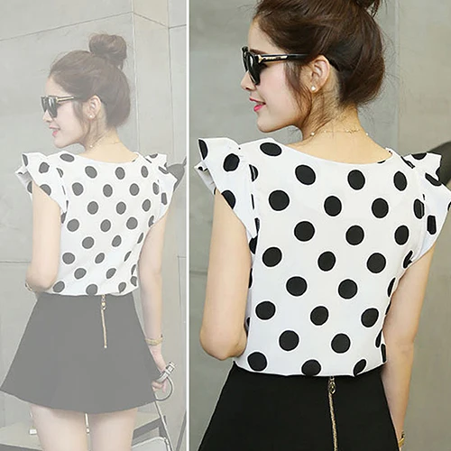 Fshion Fashion Women Polka Dots Casual Chiffon Blouse Short Sleeve Summer Tops