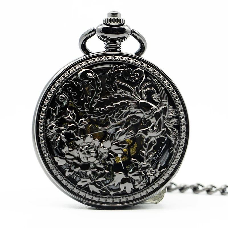 

5pcs/lot Vintage Phoenix Pocket Watch Automatic Mechanical Carving Hollow Steampunk Pendant Chain Watches for Men Women PJX1296