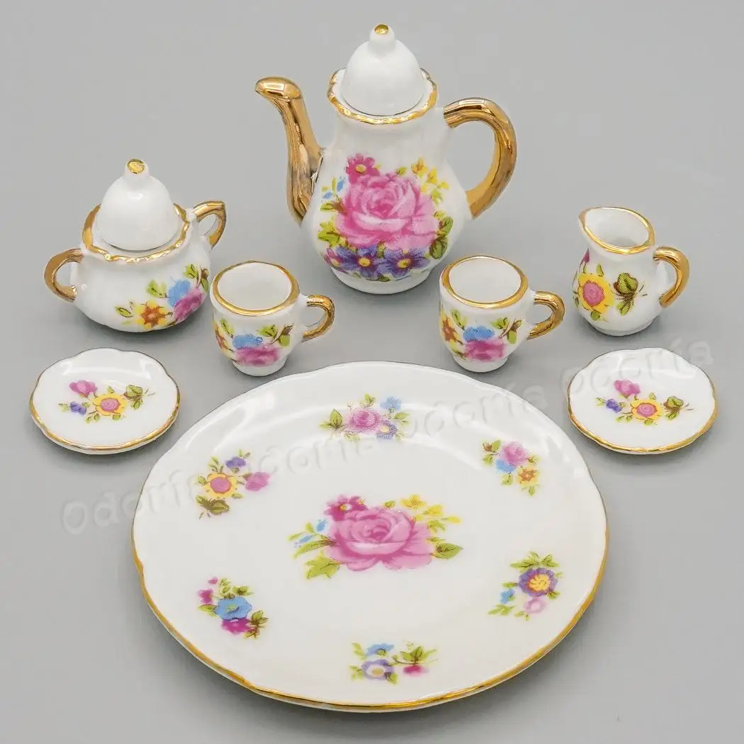 Odoria 1:12 Miniature 8PCS Porcelain Tea Cup Set Pink Ceramic Tableware Teapot Kitchen Dollhouse Accessories Doll House Decor