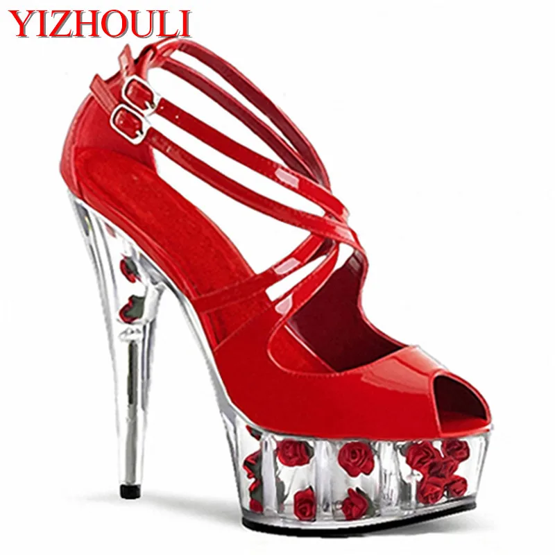 

New custom-made, transparent rose heels, 15cm sexy model runway shoes, pole dancing shoes