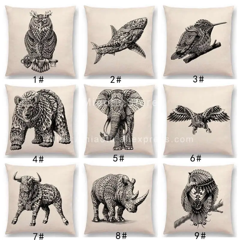 

New Ornate Brave Animals Totems Free Beast Faith Tattoo Prints Cushion Cover Sofa Throw Pillow Case Owl Elephant Shark Bear