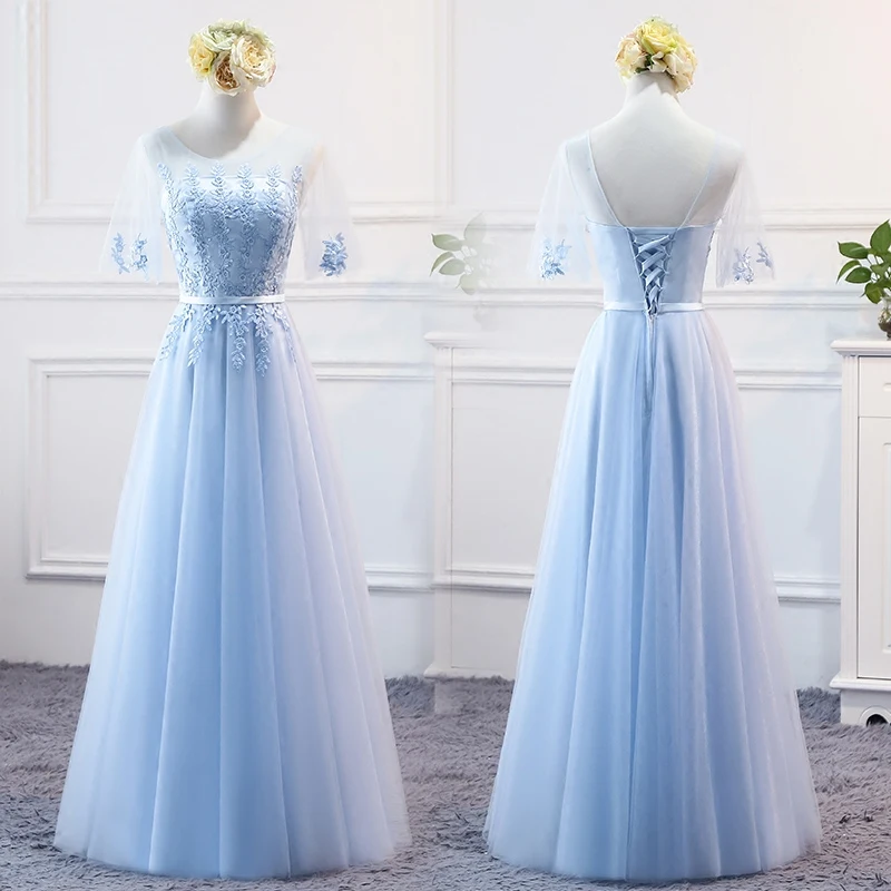 Vestido de dama de honra longo com meia manga, cordões, azul celeste, para baile, casamento, brinde, nova primavera 2019, mnz-9688