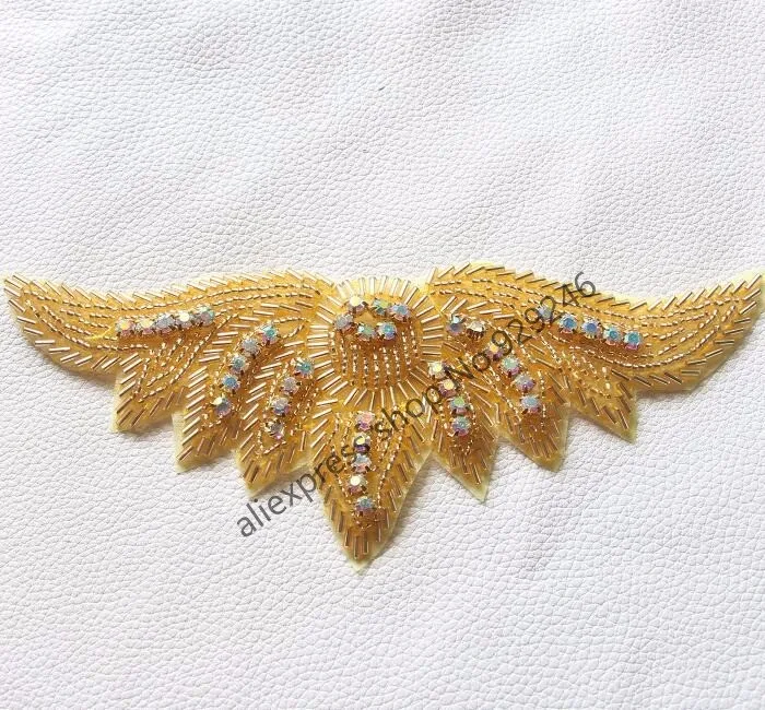 2pcs gold AB wing crystal rhinestone applique for shoulders decoration black beaded applique for garments shoes hat accessory