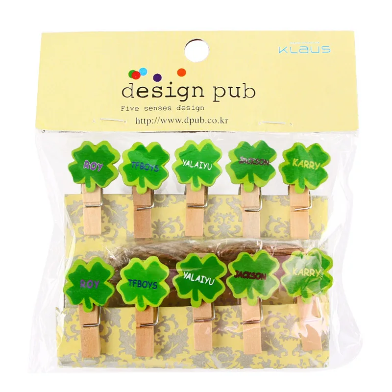 10pcs 35x7mm Four-leaf clover Lovely DIY Wood Clothes Pegs Clothespin Clips Office Party Decoration Accessories Photo Hanging Pe