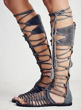 New 2017 Women Flat Gladiator Knee High Boots Suede Leather High Quality Sandal Boots Lace Up Sexy Summer Bohemia Ladies Boots