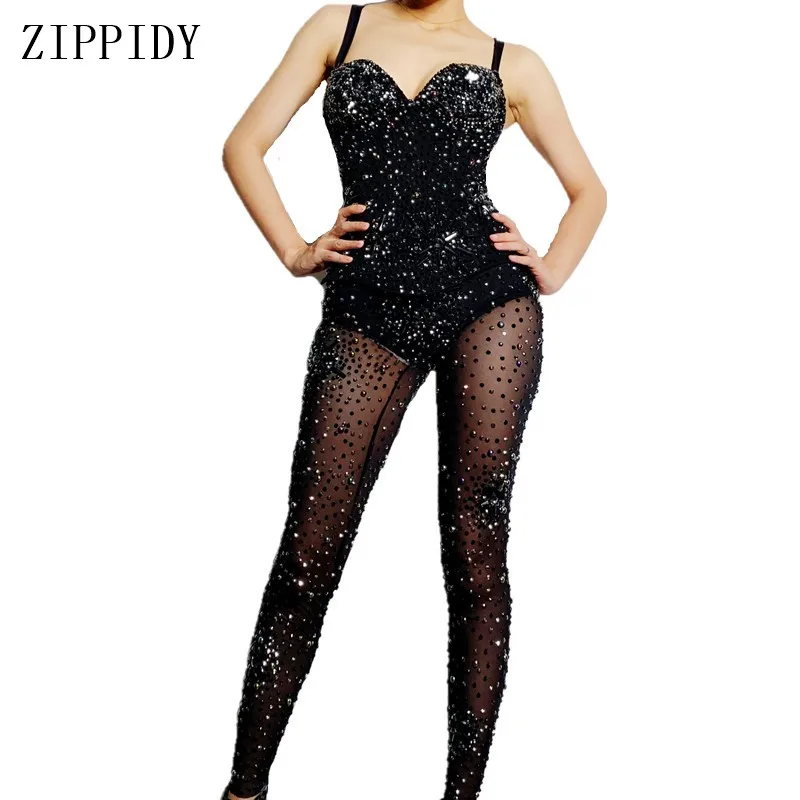 Flashing Full Black Rhinestones Mesh See Through Jumpsuit Nightclub Women Dance Show Bodysuit Leggings Birthday Party Outfit