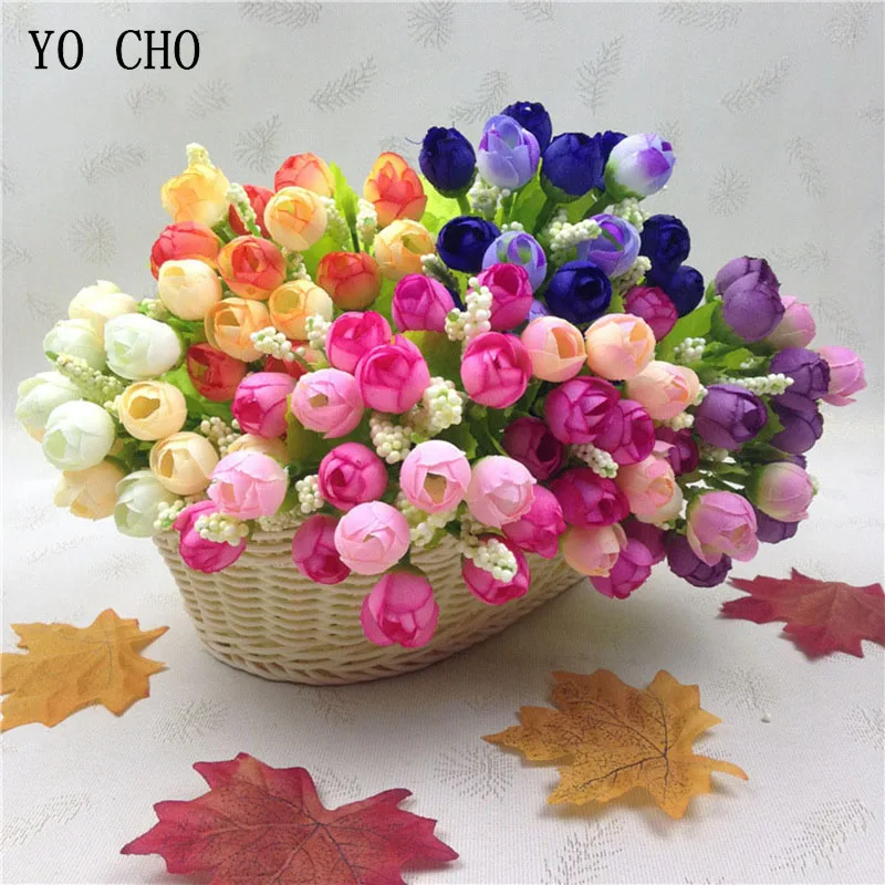 YO CHO Silk Flower 15 Buds Artificial Flowers Fall Beautiful Penoy Roses Bouquet Fake Leaf Wedding Decor Home Christmas Ornament