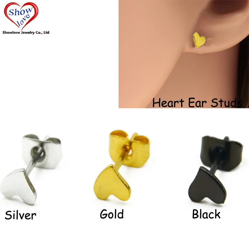 Showlove-6Pcs 20G Love Heart shape Ear Studs Small Fashion Earrings Piercing Titanium Anodized Ear Studs Gauge