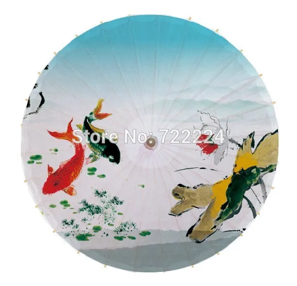 

Free shipping Chinese hand-drawn fishing in the lotus pond picture handmade parasol waterproof dance gift oiled paper umbrella