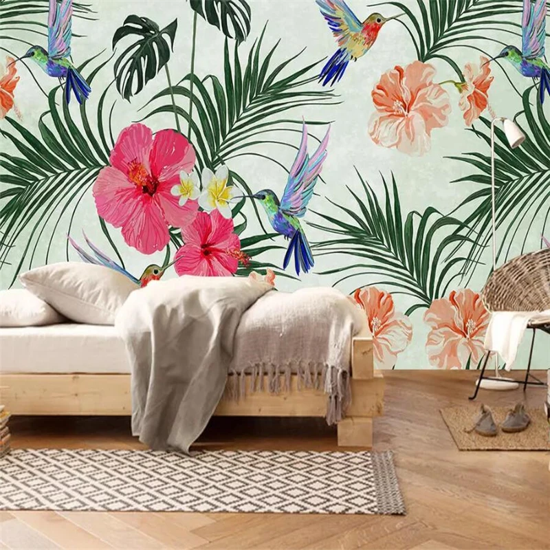 Decorative wallpaper Nordic hand-painted style watercolor tropical foliage birds background wall painting