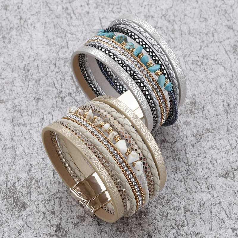 ALLYES bransoletki ze skóry z kamienia naturalnego dla kobiet mężczyzn luksusowa marka Femme styl Boho szeroka wielowarstwowa bransoletka Wrap biżuteria damska — zdjęcie 6