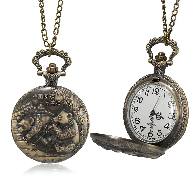 

1 Pcs Men Women Bronze Quartz Pocket Watch Panda Carved Case with Chain LL@17