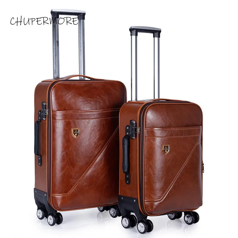 Chupermore Brown Retro PU Leather Rolling Luggage Spinner 28 inch High capacity Brand Suitcase Wheel 20 inch Women Cabin Trolley