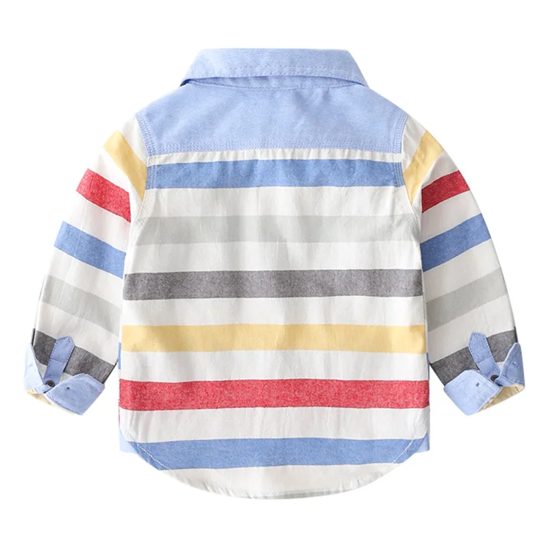 2024 Spring Autumn 2-8 10 12 Years Long Sleeve Pocket Colorful Striped Color Patchwork Cotton Baby Kids Boy Shirts For Children