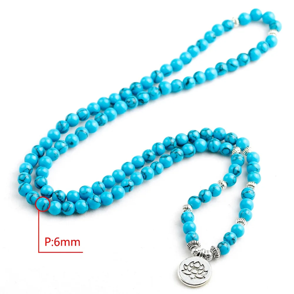 108 Mala Lotus Buddha Tree Charm Women Blue Howlite Jewelry Prayer 6MM Beads Healing Stone Bracelet Men Lucky Gift