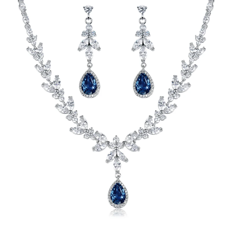 WEIMANJINGDIAN Brand Blue Teardrop and Marquise Cut Cubic Zirconia CZ Crystal Necklace and Earrings Bridal Wedding Jewelry Set