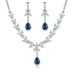 WEIMANJINGDIAN Brand Blue Teardrop and Marquise Cut Cubic Zirconia CZ Crystal Necklace and Earrings Bridal Wedding Jewelry Set