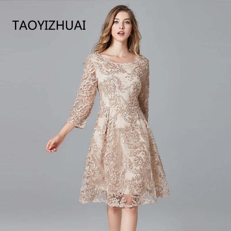 

TAOYIZHUAI 2019 New Arrival Spring Summer Dress Plus Size Champagne Ladies Casual Lace A-Line Polyester Dresses For Women 14146