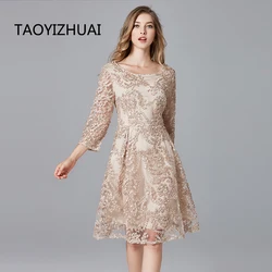 TAOYIZHUAI 2019 New Arrival Spring Summer Dress Plus Size Champagne Ladies Casual Lace A-Line Polyester Dresses For Women 14146