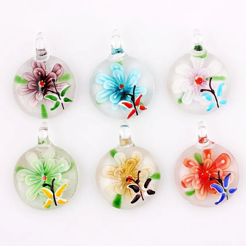 Qianbei Wholesale 6pcs Handmade Murano Lampwork Glass Mix Color Round Insect Flower Pendant Fit Necklace Jewelry G