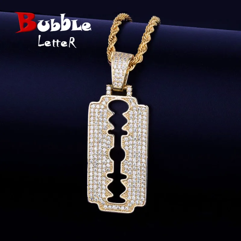 Men's Razor Blade Pendant Necklace & Pendant  Gold Color Cubic Zircon Men's Hip Hop Jewelry